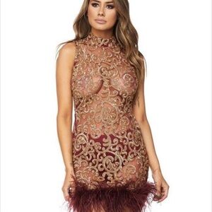 Elegant Burgundy Embroidered Feather Hem Mini Dress